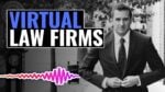 black and white photo of a male attorney adjusting his suit jacket on a city sidewalk, overlaid with a bold text box reading "VIRTUAL LAW FIRMS" in blue and white lettering, and a pink/purple soundwave graphic in the bottom left corner.